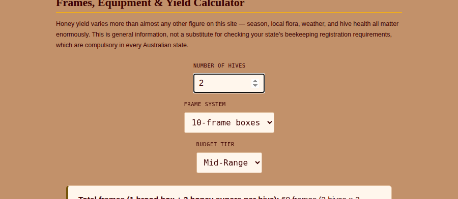 Beehive Yield Planner with 2 hives entered, showing frame count and honey yield