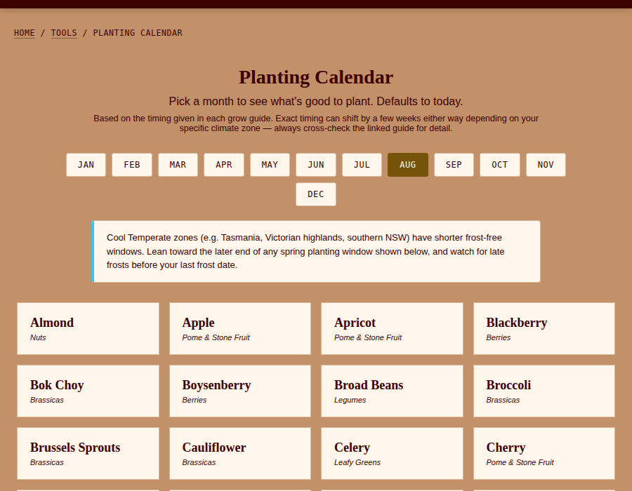 Planting Calendar set to Cool Temperate zone, showing a frost warning and a grid of what can be planted